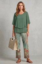 Botanical Print Elegance Two-piece Trouser Set