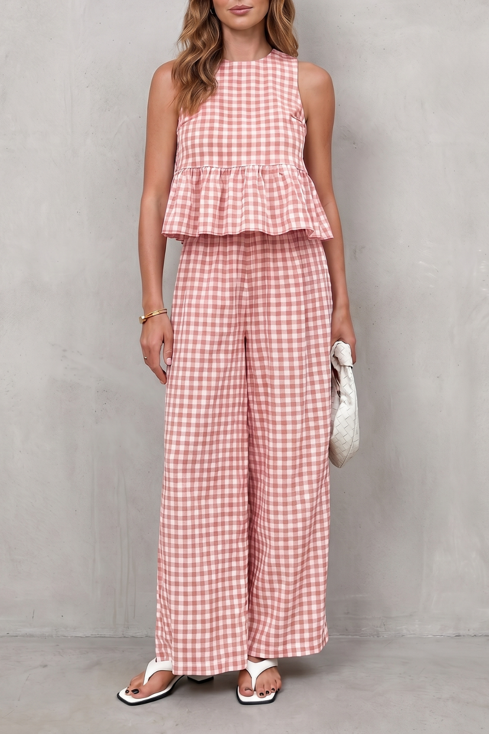 Charming Gingham Pattern Two-piece Trouser Set