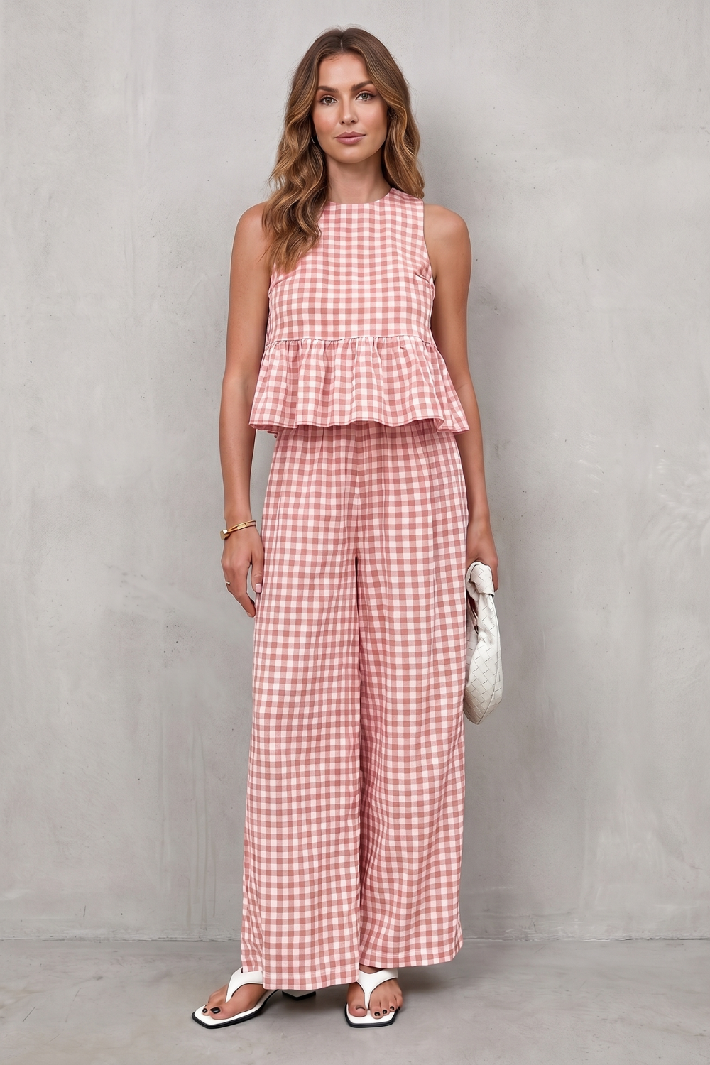 Charming Gingham Pattern Two-piece Trouser Set
