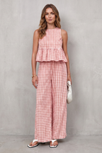Charming Gingham Pattern Two-piece Trouser Set