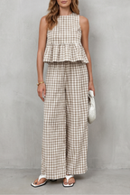 Charming Gingham Pattern Two-piece Trouser Set