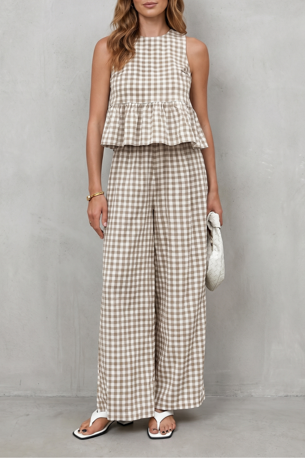 Charming Gingham Pattern Two-piece Trouser Set