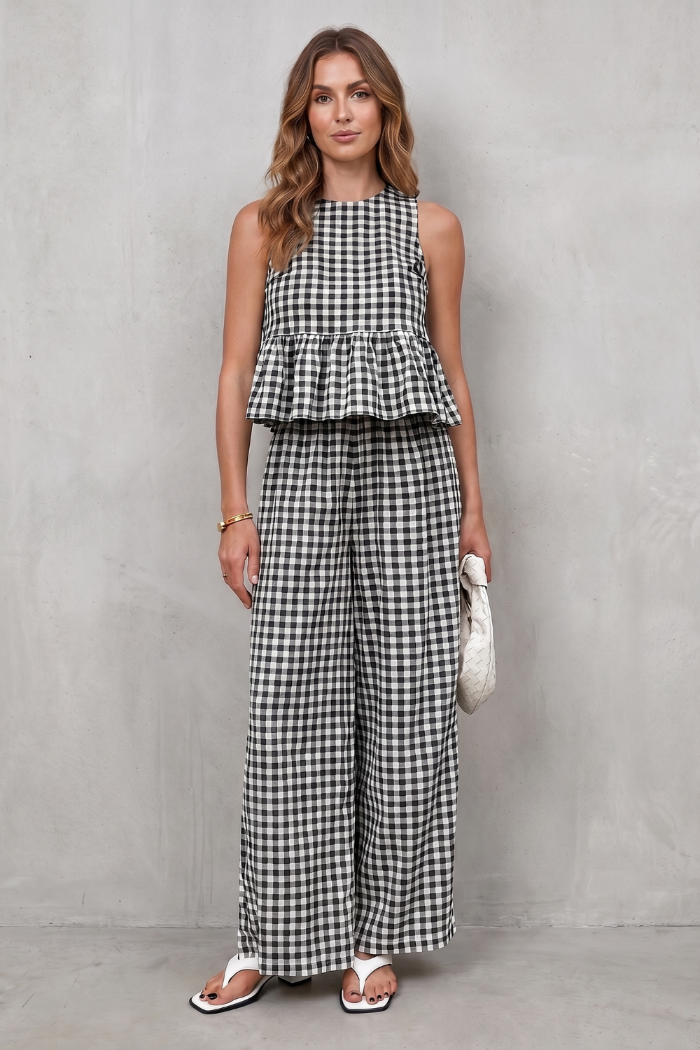 Charming Gingham Pattern Two-piece Trouser Set
