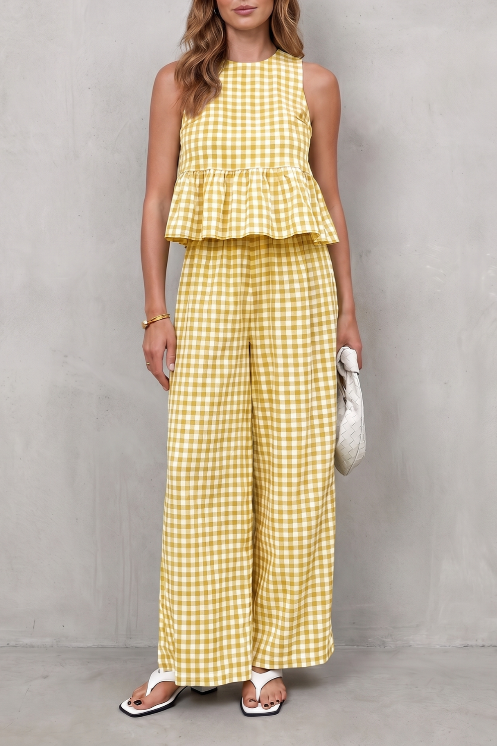 Charming Gingham Pattern Two-piece Trouser Set