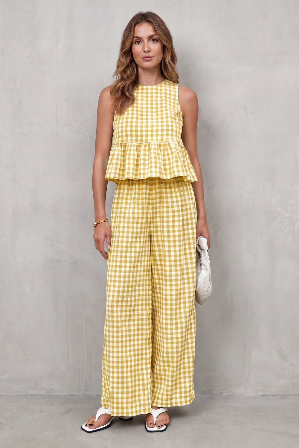 Charming Gingham Pattern Two-piece Trouser Set
