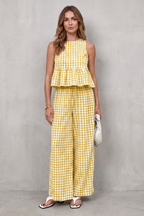Charming Gingham Pattern Two-piece Trouser Set