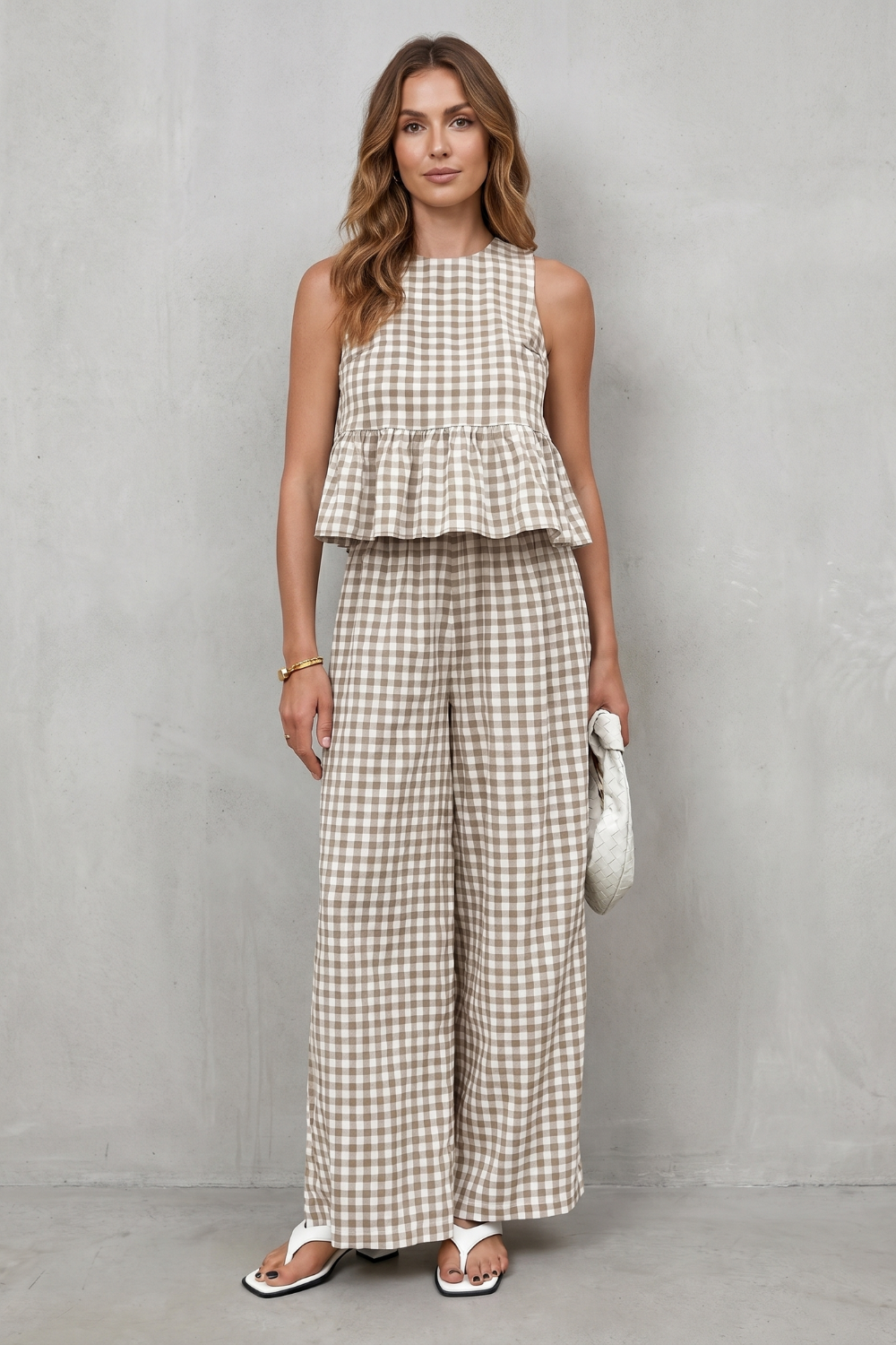 Charming Gingham Pattern Two-piece Trouser Set