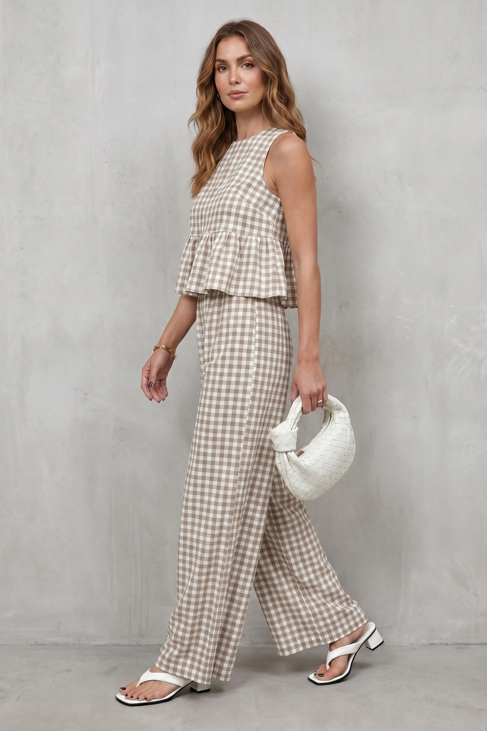 Charming Gingham Pattern Two-piece Trouser Set