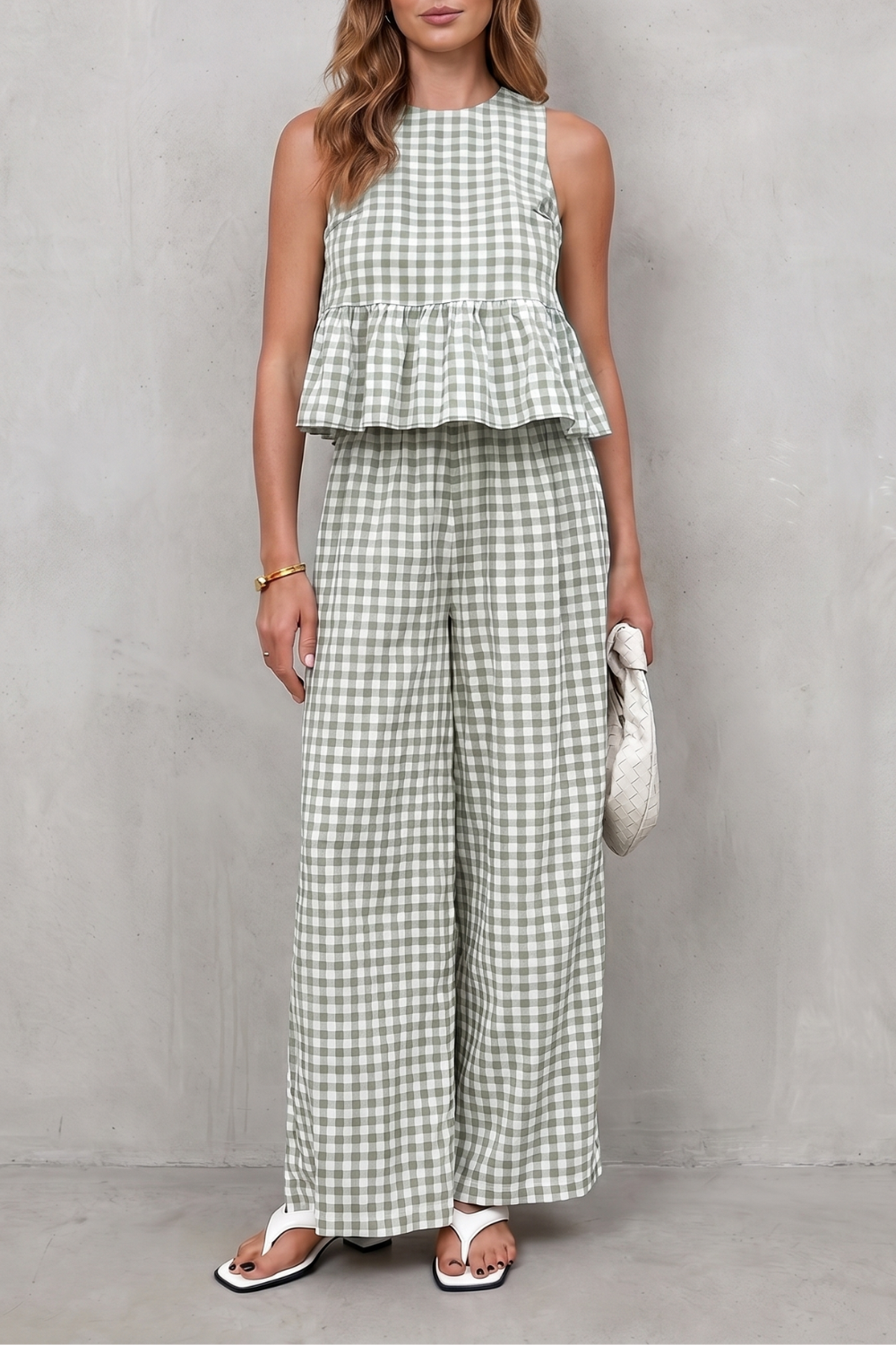 Charming Gingham Pattern Two-piece Trouser Set