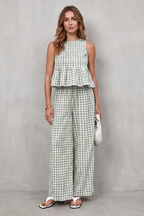 Charming Gingham Pattern Two-piece Trouser Set