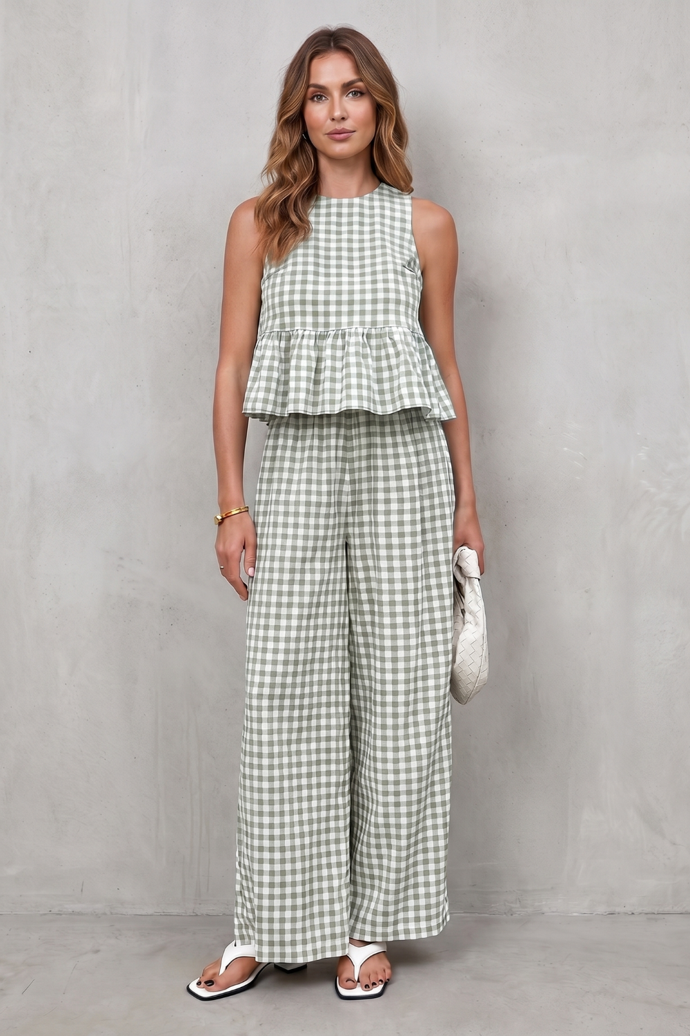 Charming Gingham Pattern Two-piece Trouser Set