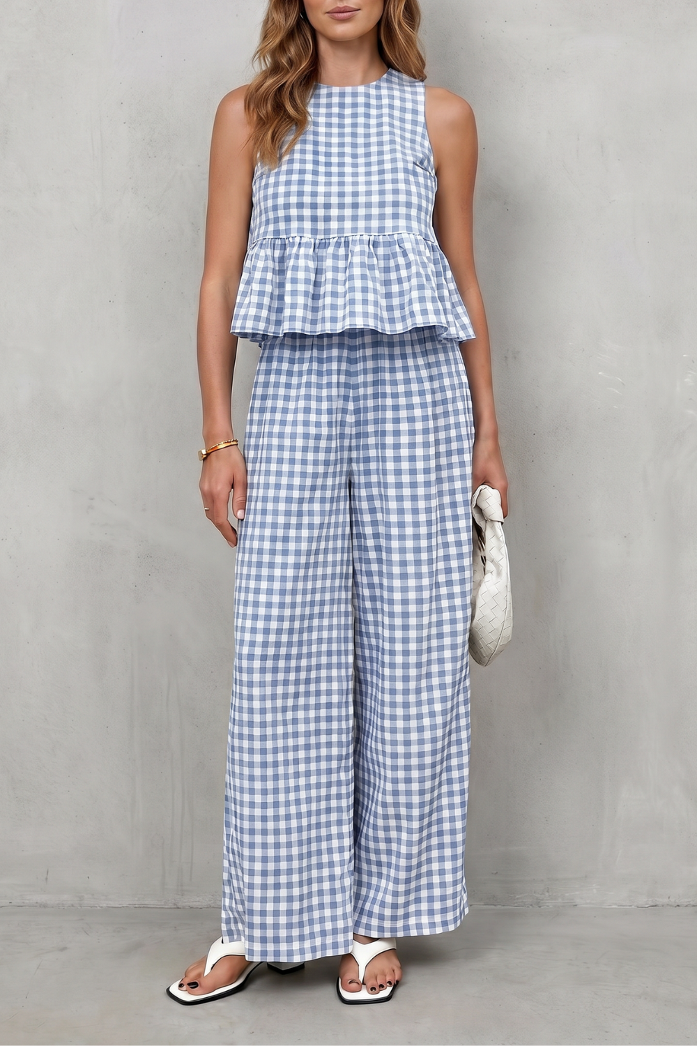 Charming Gingham Pattern Two-piece Trouser Set
