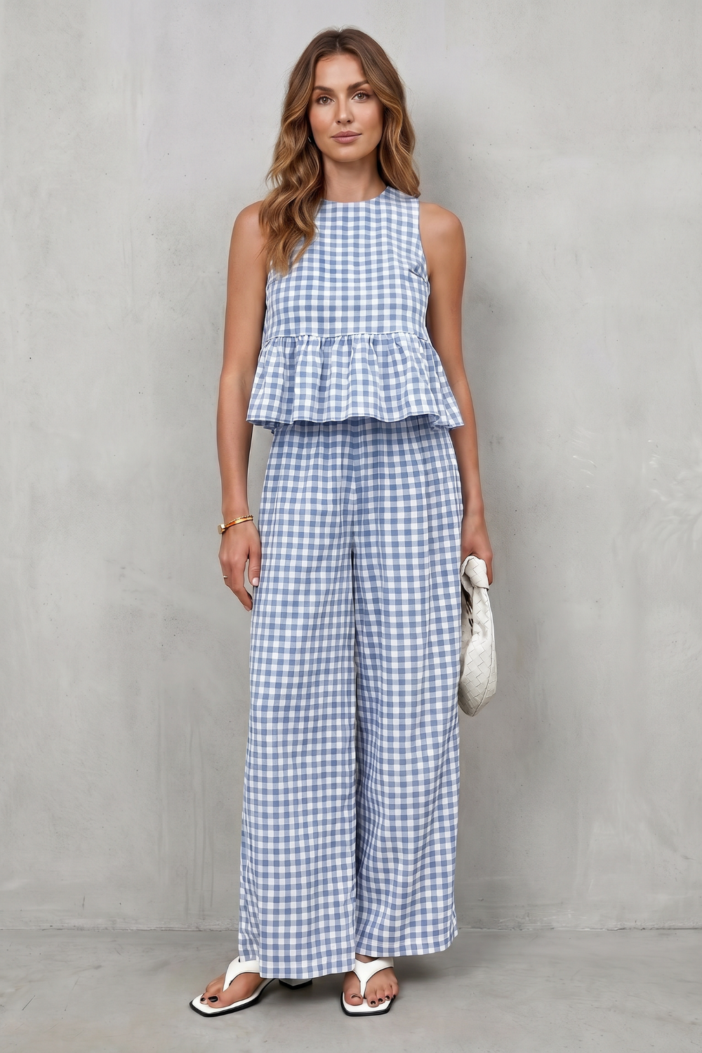 Charming Gingham Pattern Two-piece Trouser Set