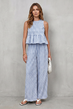 Charming Gingham Pattern Two-piece Trouser Set