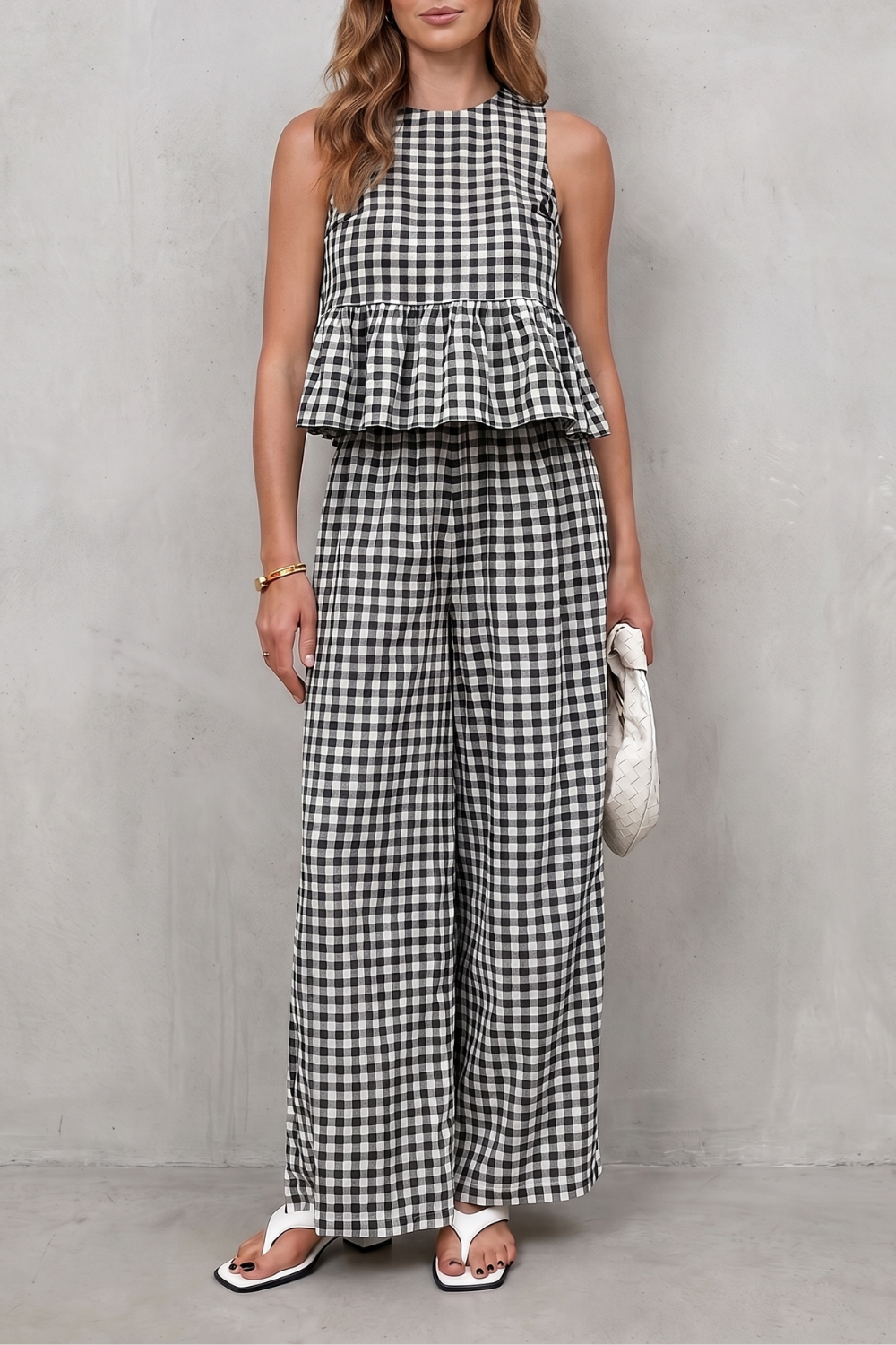 Charming Gingham Pattern Two-piece Trouser Set