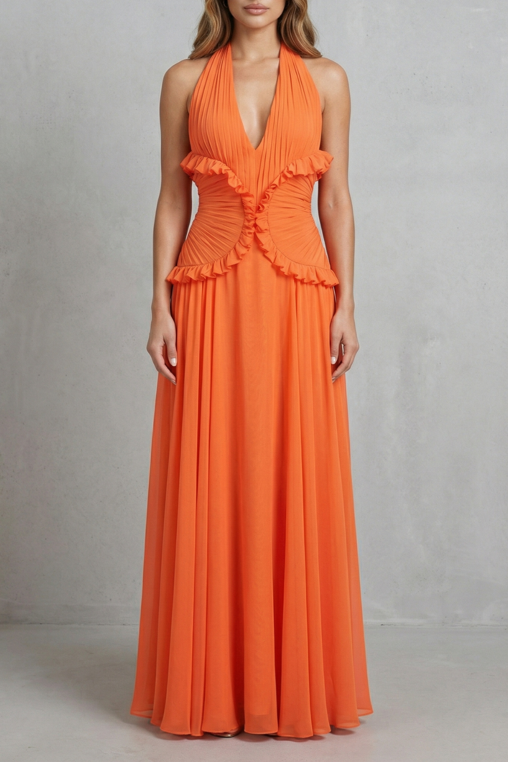 Sunset Romance Women’s Halter Ruffle A-Line Maxi Dress
