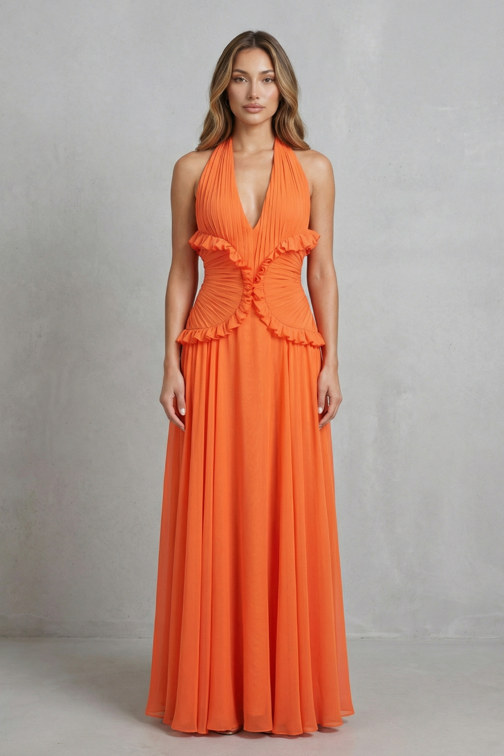 Sunset Romance Women’s Halter Ruffle A-Line Maxi Dress