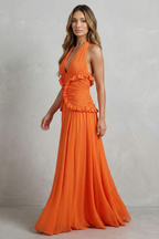 Sunset Romance Women’s Halter Ruffle A-Line Maxi Dress