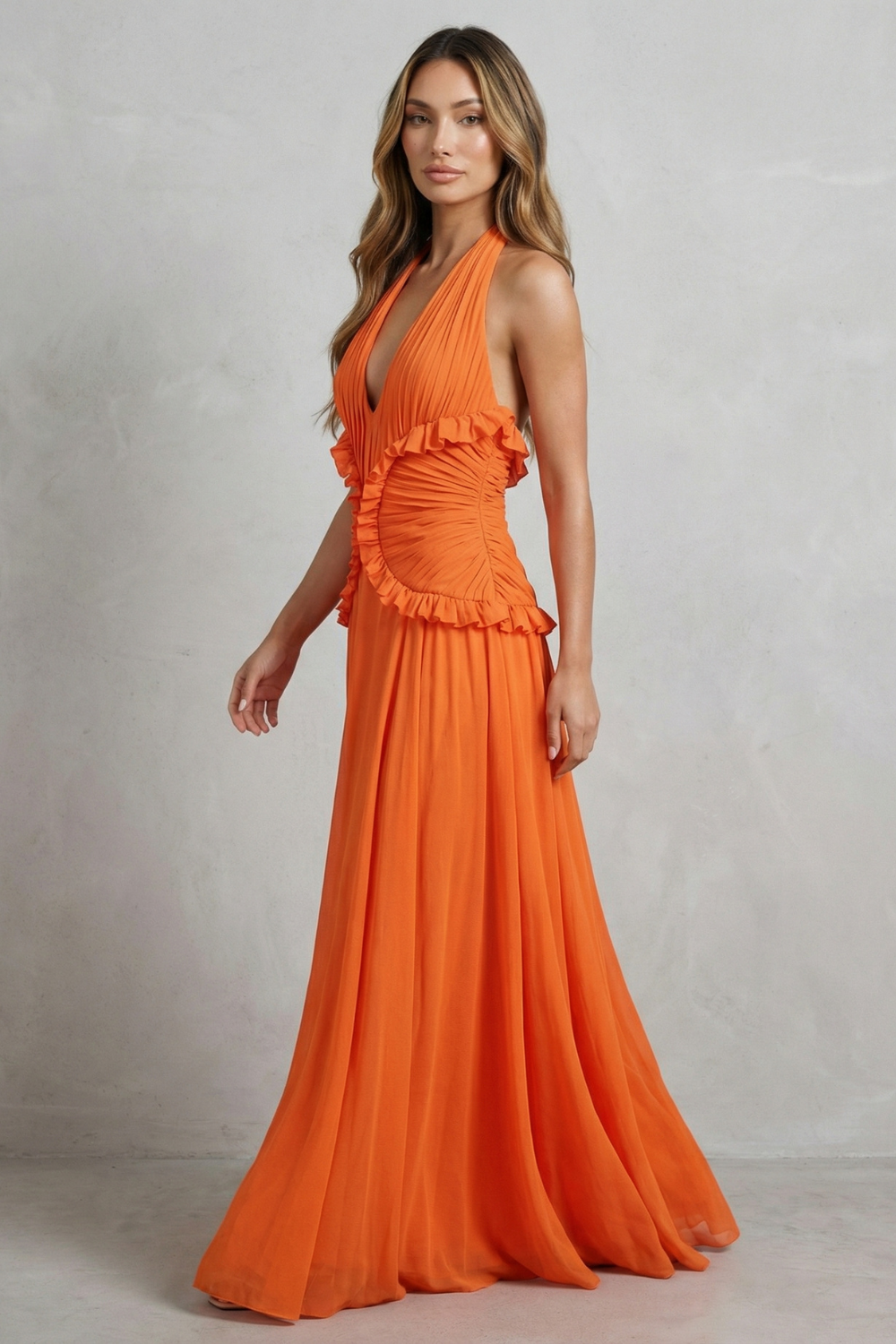 Sunset Romance Women’s Halter Ruffle A-Line Maxi Dress