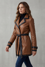 Contrast Trim Wrap Belted Faux Leather Trench Coat