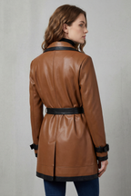 Contrast Trim Wrap Belted Faux Leather Trench Coat