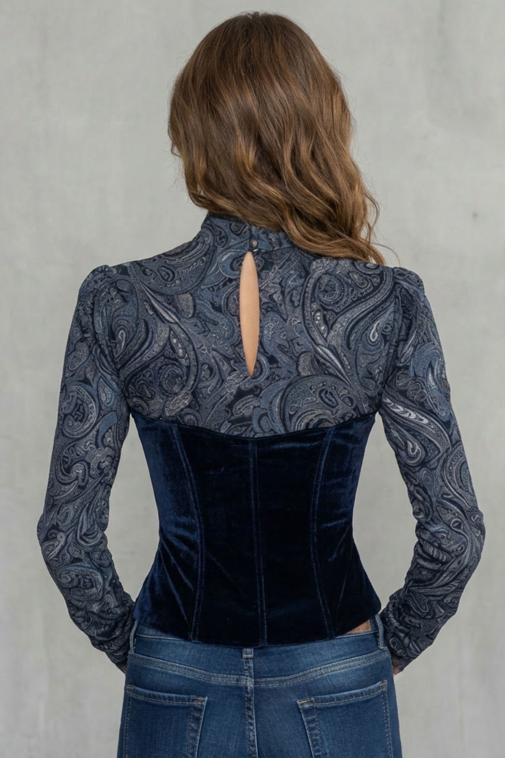 Baroque Lace Detail Velvet Paisley Top