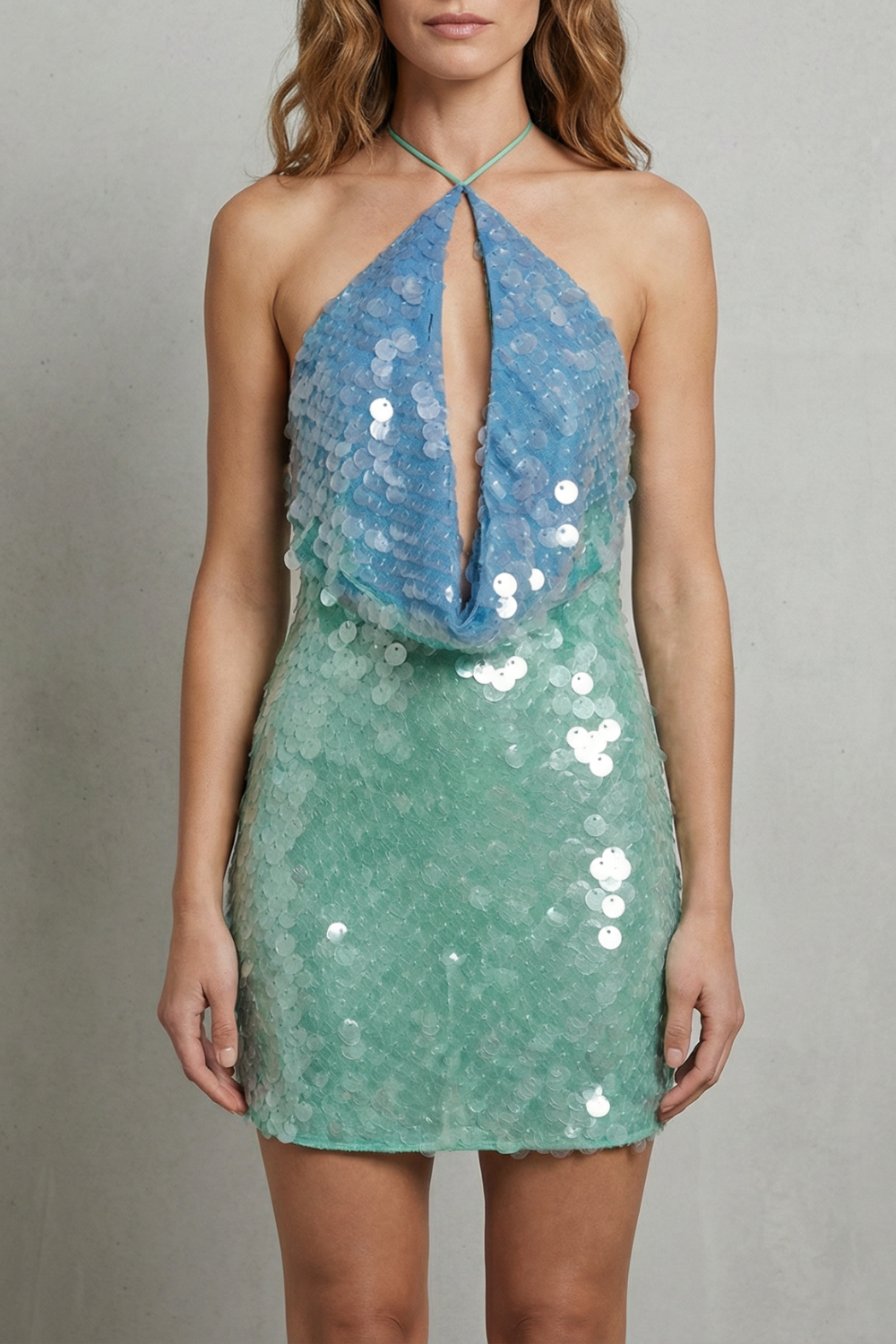 Ocean Shimmer Fade Halter Sequin Mini Dress