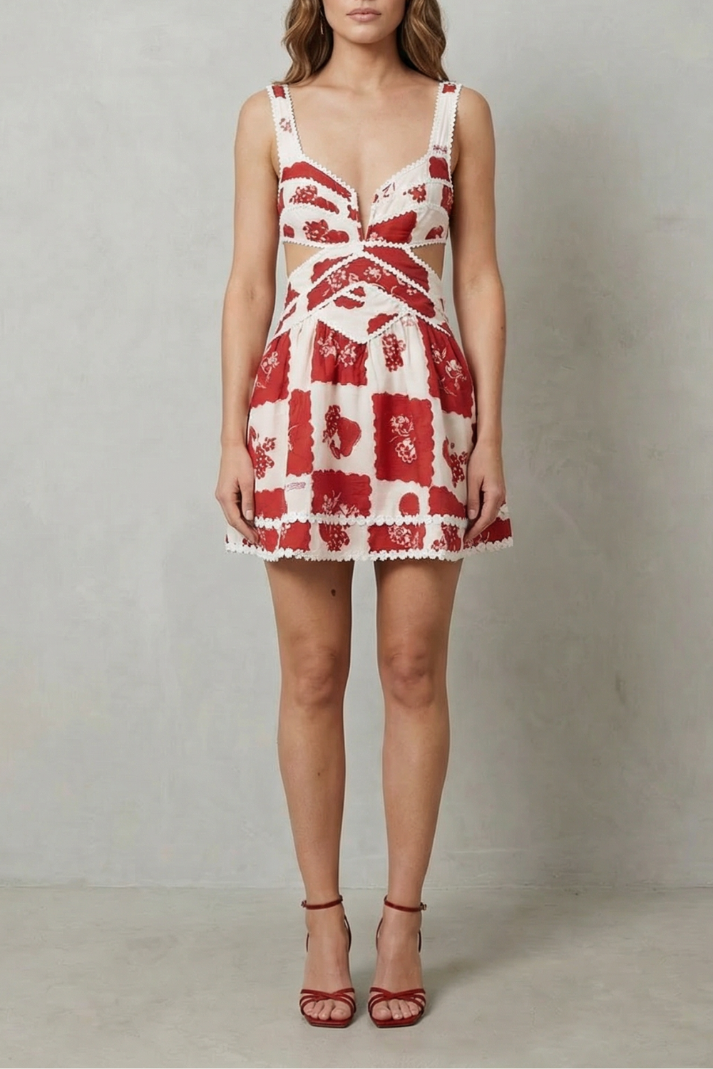 Vintage Scarlet Motif Cutout Mini Dress