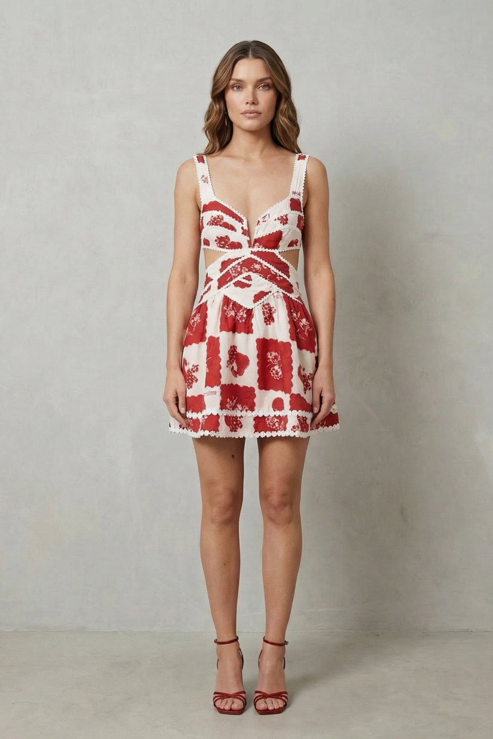 Vintage Scarlet Motif Cutout Mini Dress