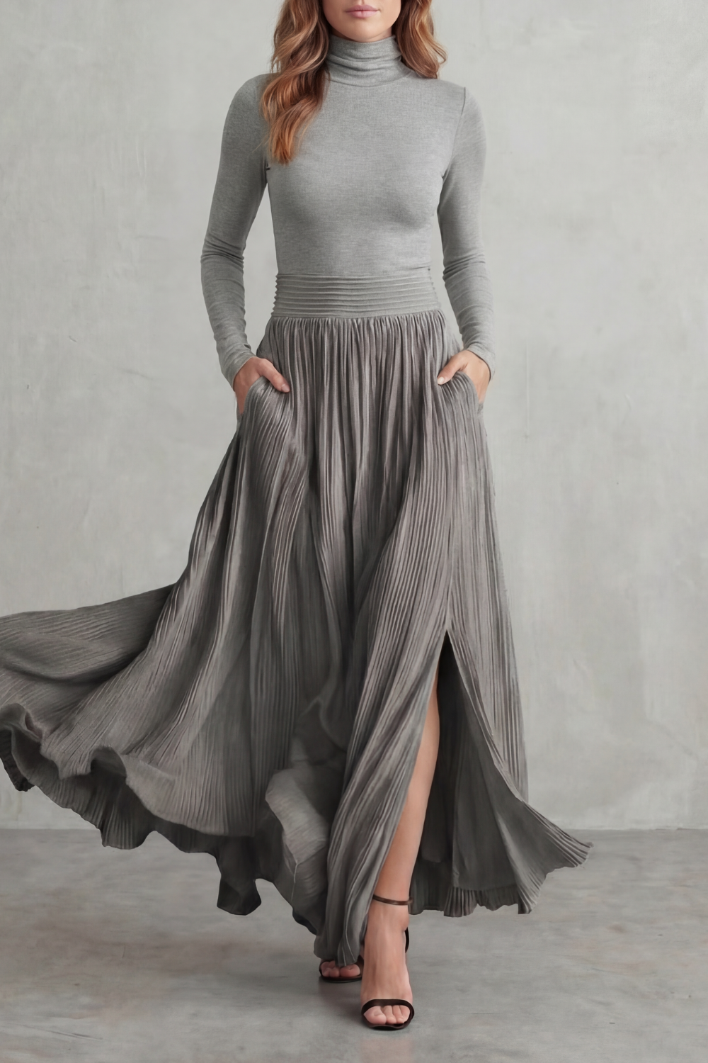 Pleated Flow Silhouette Two-piece Turtleneck Set