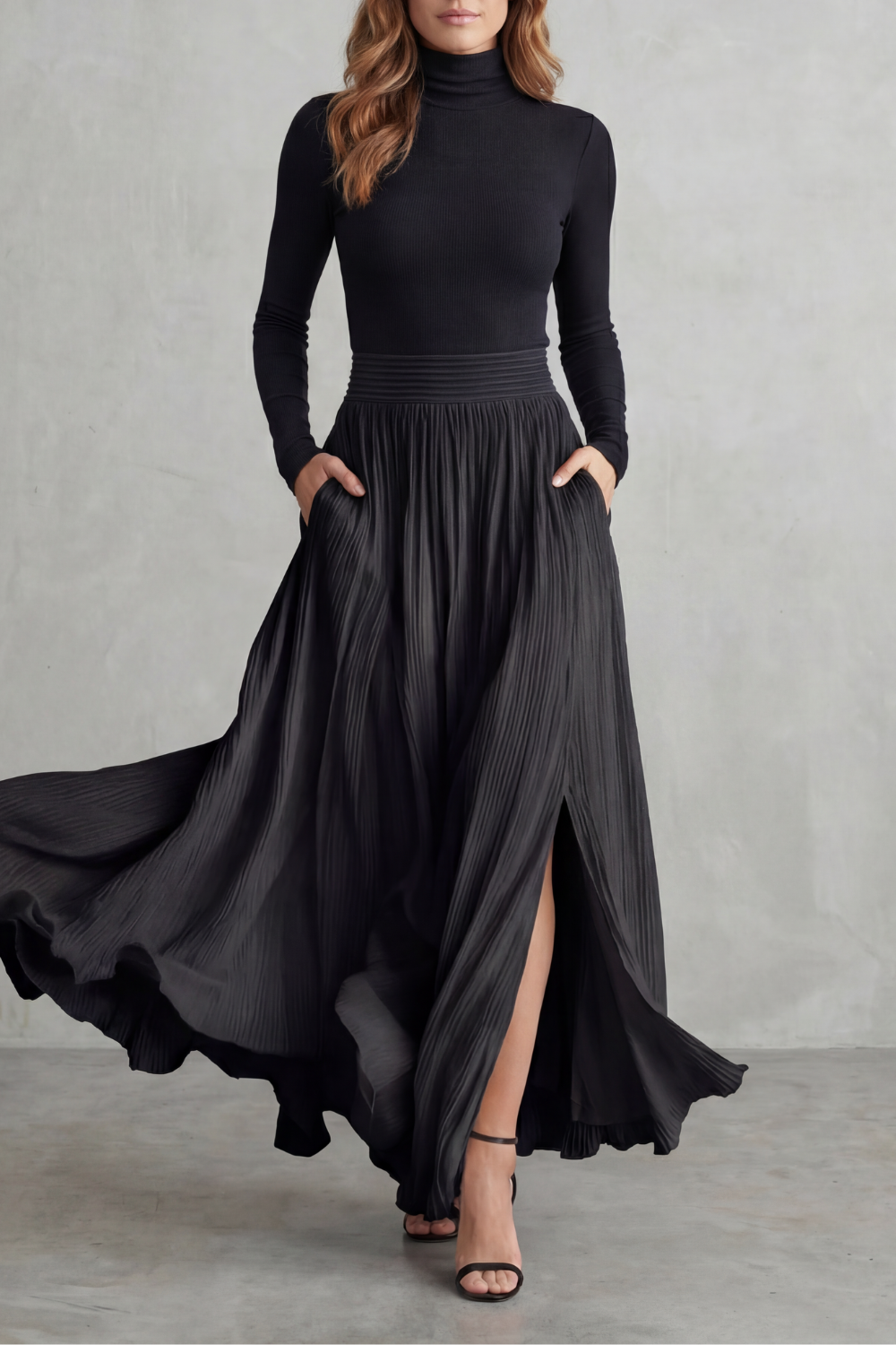 Pleated Flow Silhouette Two-piece Turtleneck Set