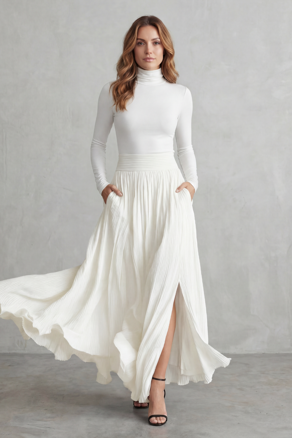 Pleated Flow Silhouette Two-piece Turtleneck Set