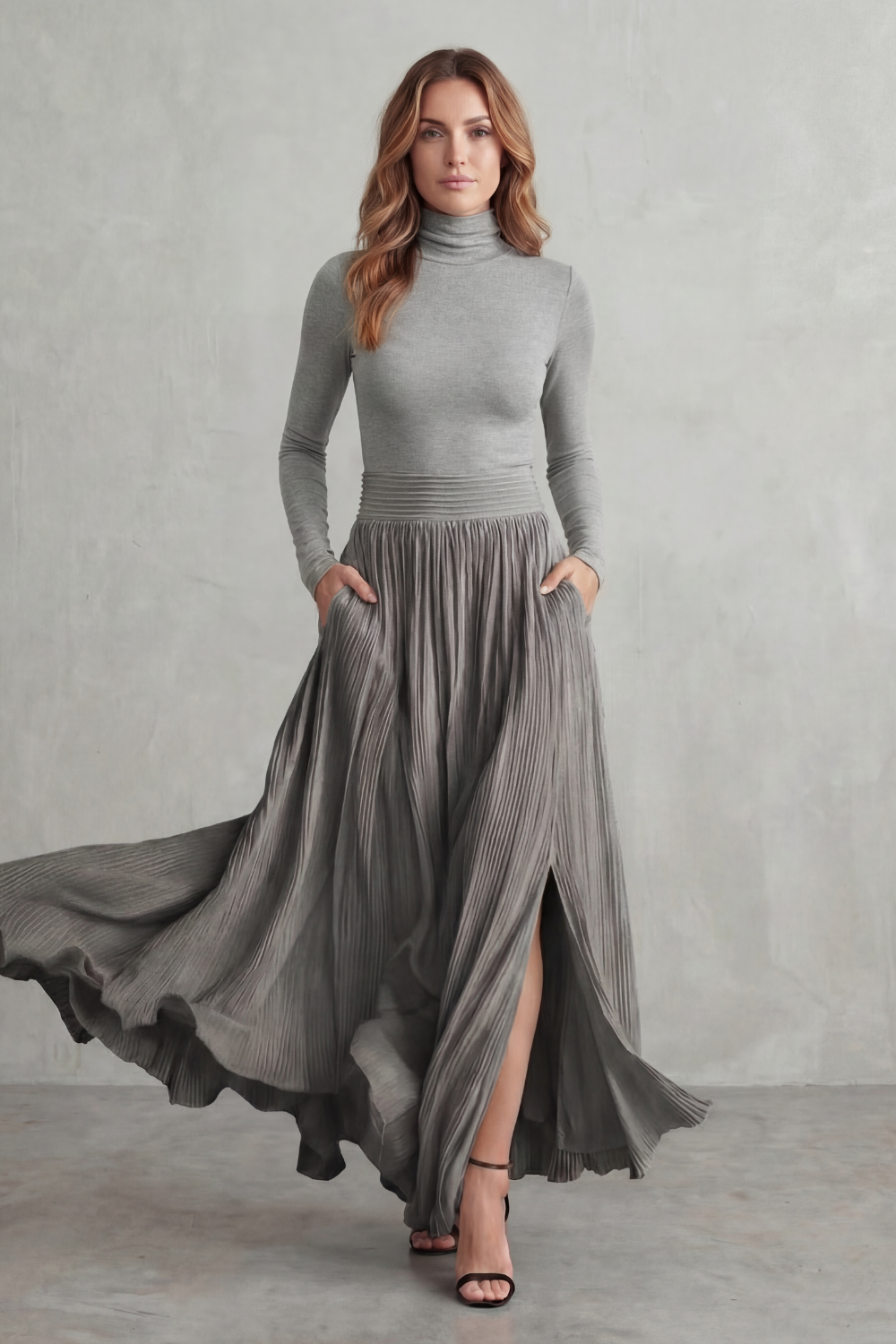 Pleated Flow Silhouette Two-piece Turtleneck Set