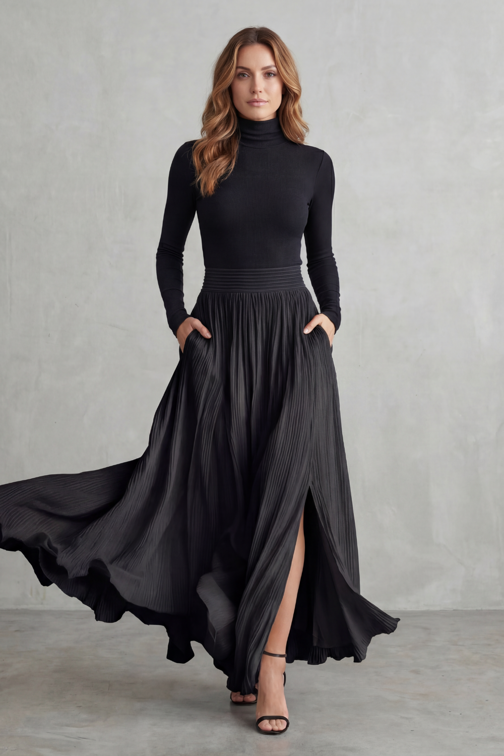 Pleated Flow Silhouette Two-piece Turtleneck Set