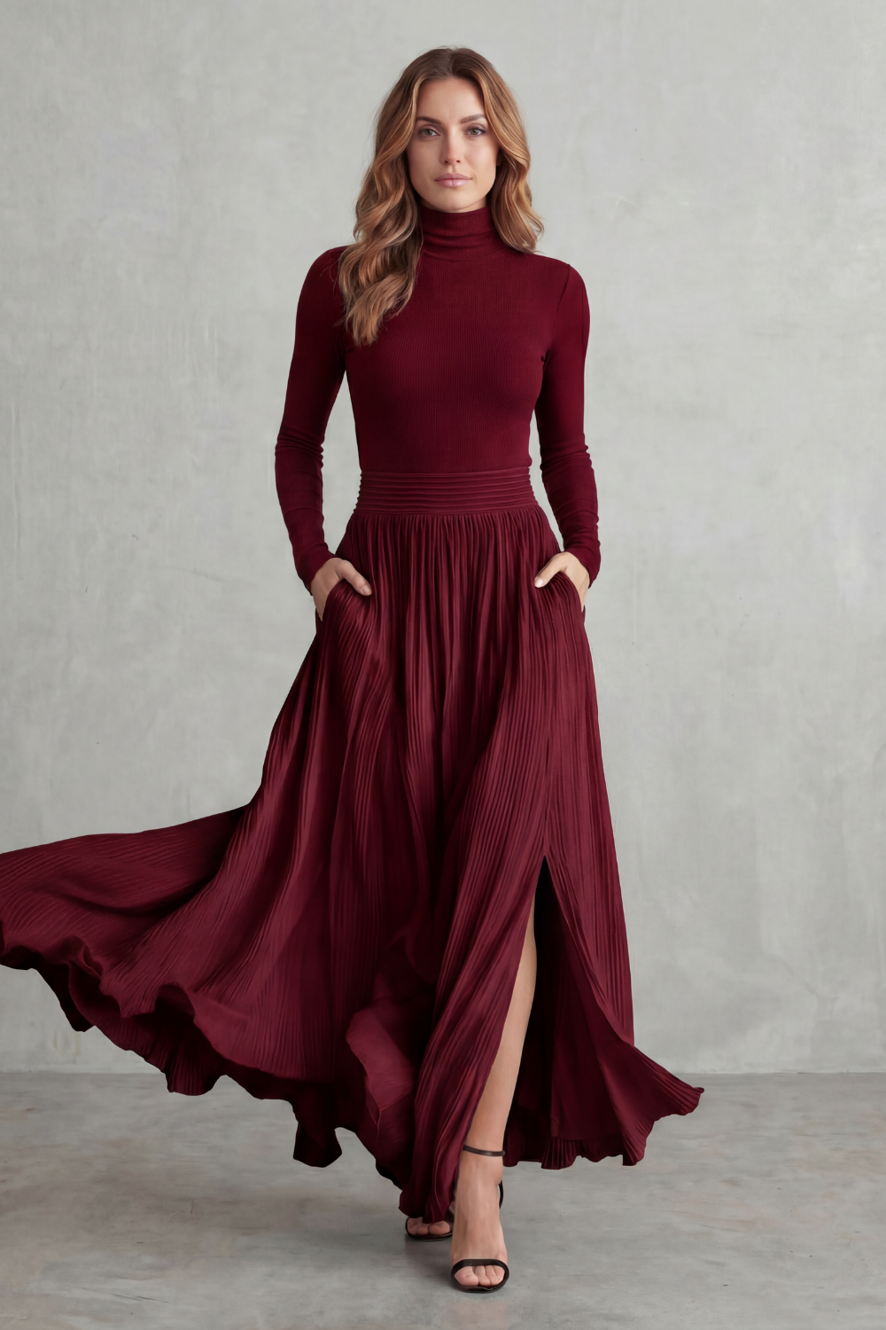 Pleated Flow Silhouette Two-piece Turtleneck Set