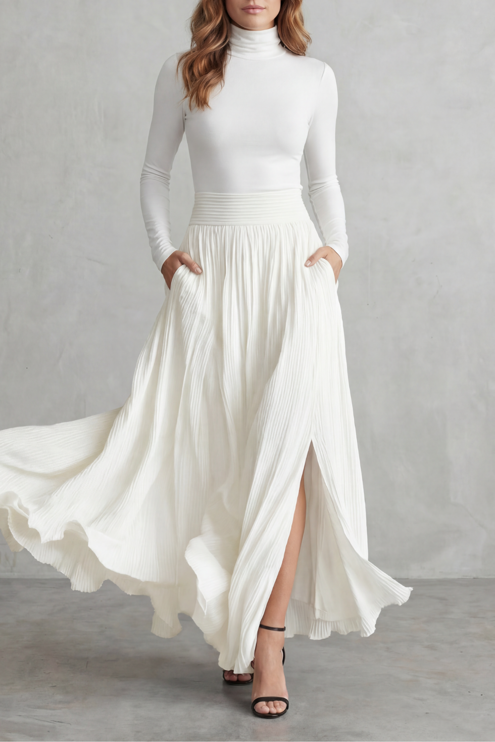 Pleated Flow Silhouette Two-piece Turtleneck Set