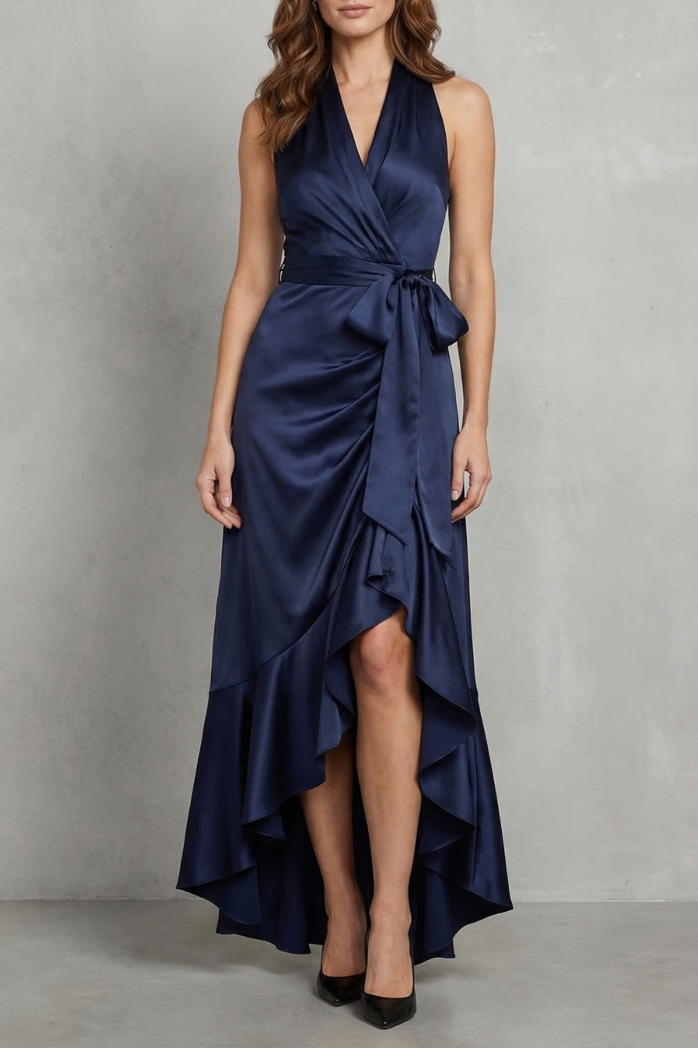 Satin Draped Silhouette Evening Maxi Dress