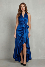 Satin Draped Silhouette Evening Maxi Dress
