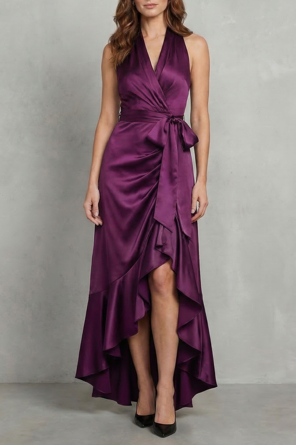 Satin Draped Silhouette Evening Maxi Dress