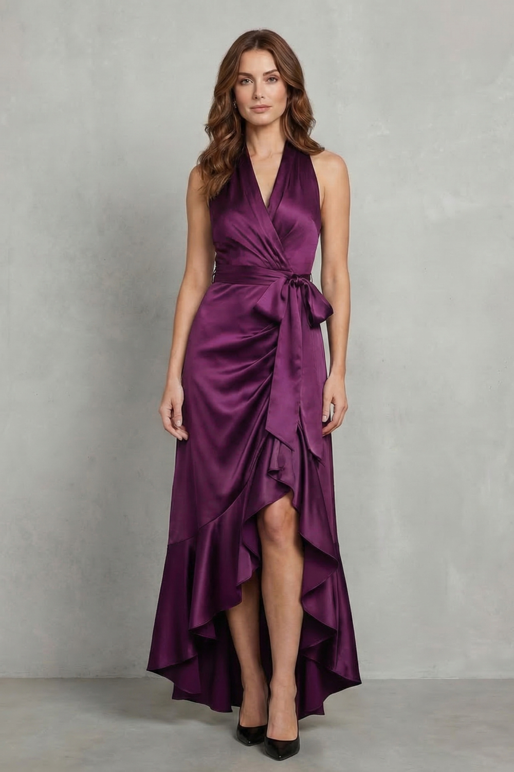 Satin Draped Silhouette Evening Maxi Dress