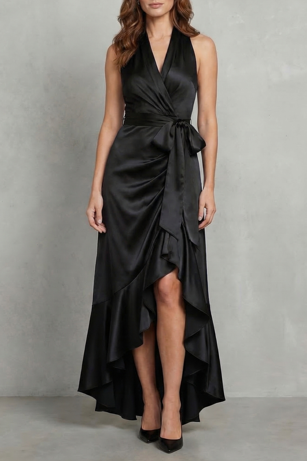 Satin Draped Silhouette Evening Maxi Dress