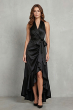Satin Draped Silhouette Evening Maxi Dress