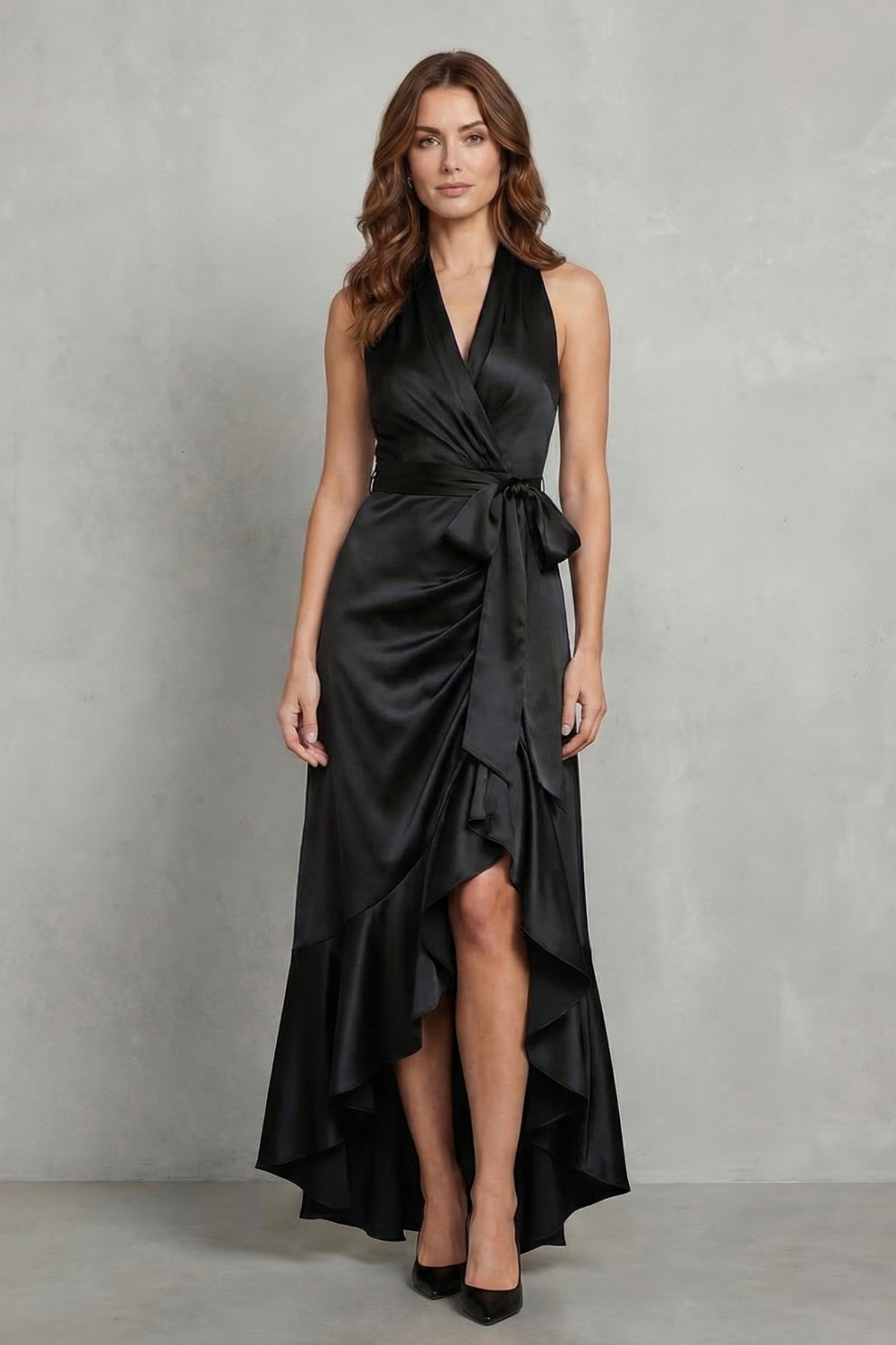 Satin Draped Silhouette Evening Maxi Dress