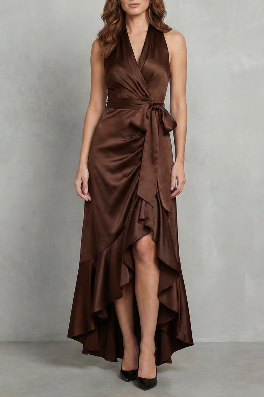 Satin Draped Silhouette Evening Maxi Dress
