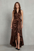 Satin Draped Silhouette Evening Maxi Dress