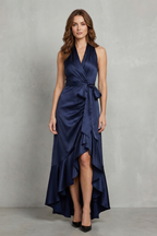 Satin Draped Silhouette Evening Maxi Dress