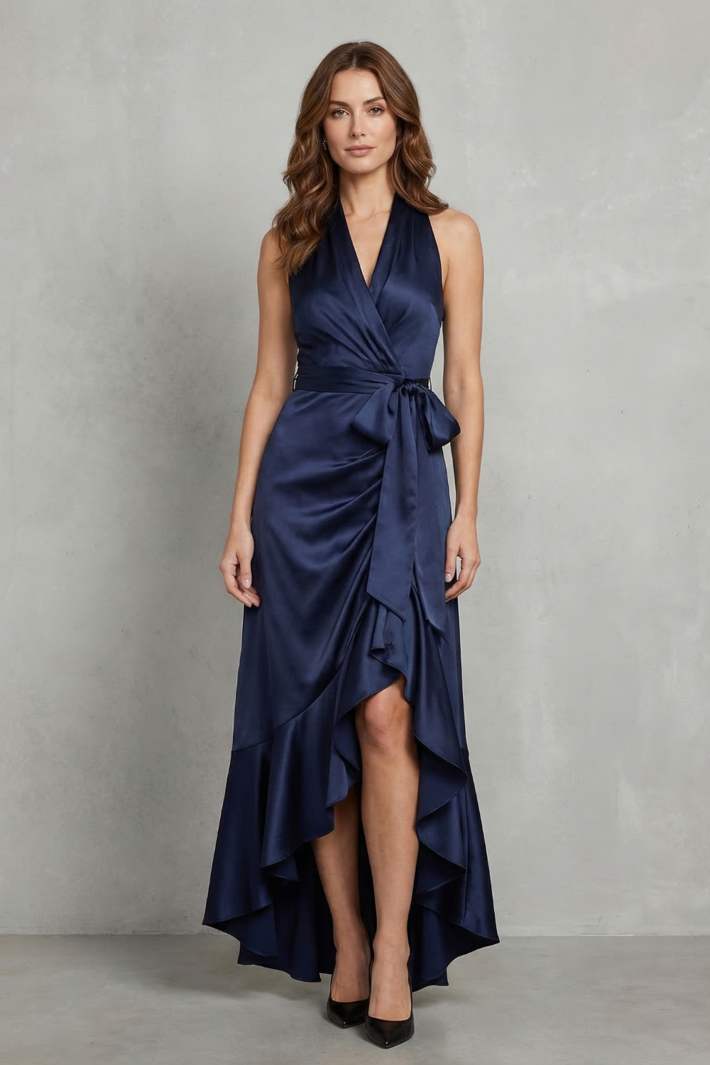 Satin Draped Silhouette Evening Maxi Dress