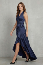 Satin Draped Silhouette Evening Maxi Dress