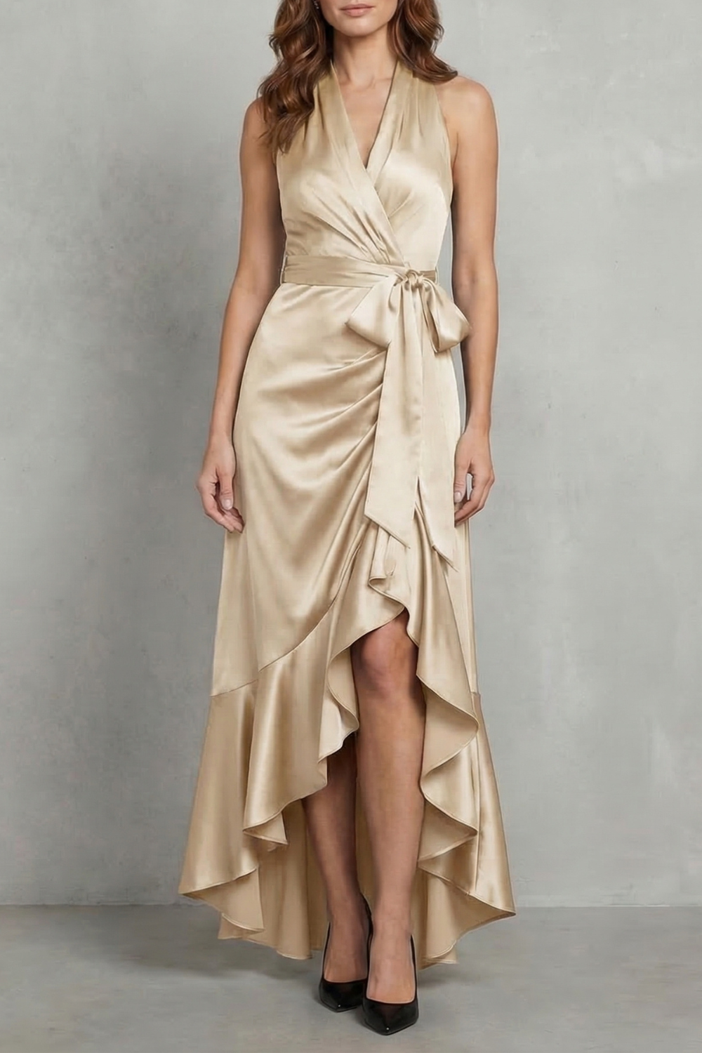 Satin Draped Silhouette Evening Maxi Dress