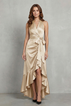Satin Draped Silhouette Evening Maxi Dress
